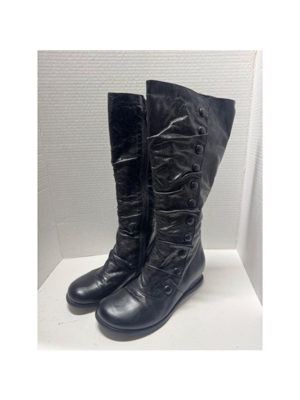 Miz Mooz Bloom Black Leather Ruched Button Knee High Riding Boots Size 8 M